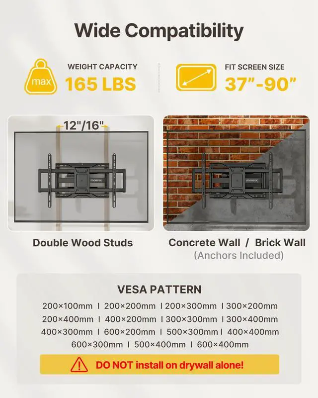Alt view image 2 of 7 - Heavy Duty Full Motion TV Wall Mount for 37-90 Inch TVs up to 165 lb | Dual articulating arms extend 16.6 in; smooth tilt and swivel, 4X load tested, max VESA 600x400 mm, 12/16 in wood studs