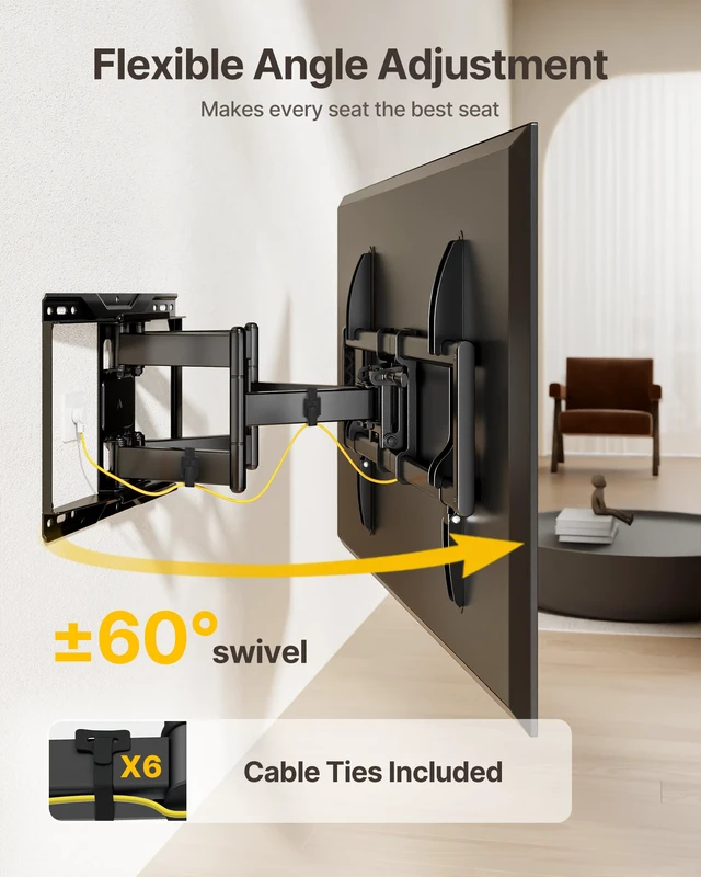 Alt view image 5 of 7 - Heavy Duty TV Wall Mount for 37-90 inch TV up to 165lbs, 4X Load Tested, Full Motion with Dual Articulating Arms, Tool-Free Tilt, Swivel & Extend, VESA 200x100 to 600x400, Fits 12/16" Studs