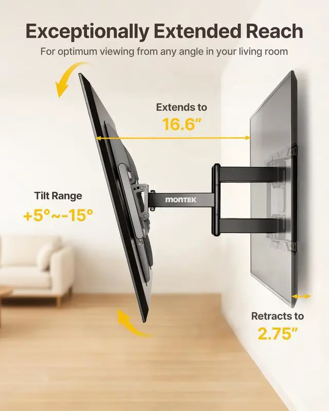 Alt view image 6 of 7 - Heavy Duty Full Motion TV Wall Mount for 37-90 Inch TVs up to 165 lb | Dual articulating arms extend 16.6 in; smooth tilt and swivel, 4X load tested, max VESA 600x400 mm, 12/16 in wood studs