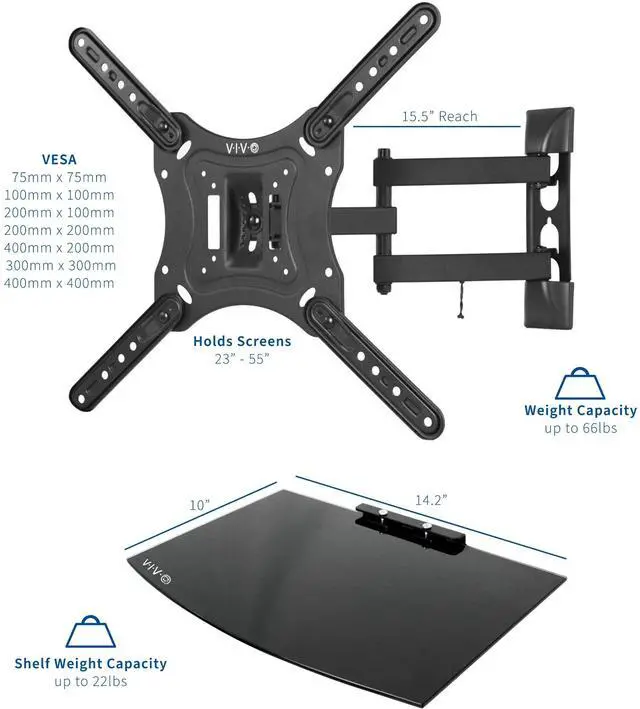 Alt view image 2 of 7 - 23 to 55 inch Screen TV Wall Mount with Adjustable Tilt and Entertainment Shelf, Floating AV, DVD Shelving, Black, Mount-VWSF1