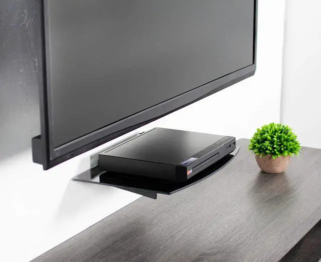 Alt view image 5 of 7 - 23 to 55 inch Screen TV Wall Mount with Adjustable Tilt and Entertainment Shelf, Floating AV, DVD Shelving, Black, Mount-VWSF1