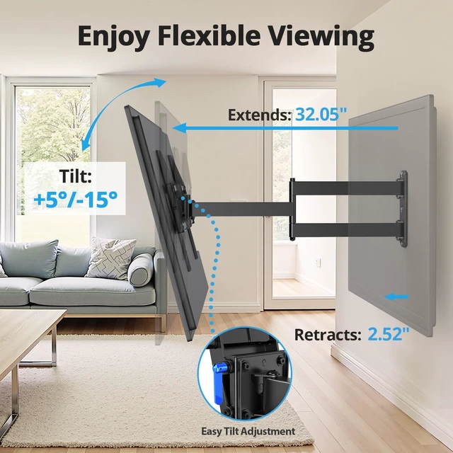 Alt view image 3 of 7 - Corner TV Wall Mount Long Arm Full Motion for 55 65 70 75 inch TVs UL Listed, Fit 37-84" TV, Hold 100lbs, Swivel 180°, Tilt +5/-15°, Level +/-4°, 32" Arm Extension, VESA600x400mm, Single Stud