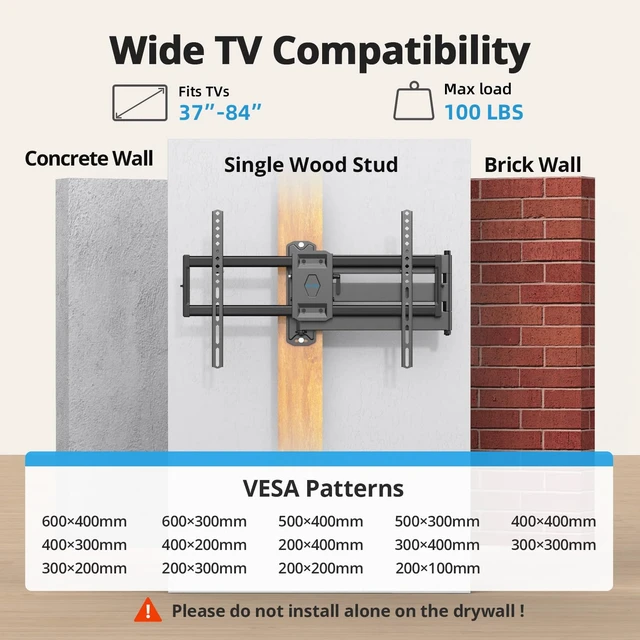 Alt view image 7 of 7 - Corner TV Wall Mount Long Arm Full Motion for 55 65 70 75 inch TVs UL Listed, Fit 37-84" TV, Hold 100lbs, Swivel 180°, Tilt +5/-15°, Level +/-4°, 32" Arm Extension, VESA600x400mm, Single Stud