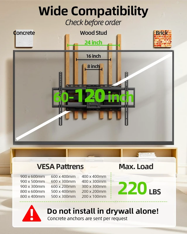 Alt view image 3 of 7 - Heavy Duty Full Motion TV Wall Mount for 60-120 Inch TVs, Holds 220lbs, 28" Extension Wall Bracket, Preassembled TV Mount for 65" 75" 85" 90" 98" 100", Max VESA 900x600mm, Fits 12-24" Studs