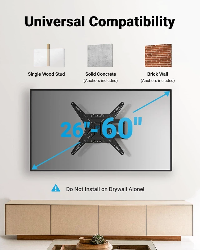 Alt view image 2 of 7 - TV Wall Mount for Most 26 32 50 55-60 inch TVs, Full Motion TV Mount with Swivel, Tilt & Extension, Single Stud Wall Mount Bracket Holds up to 77 lbs, Max VESA 400x400mm, PIMF11