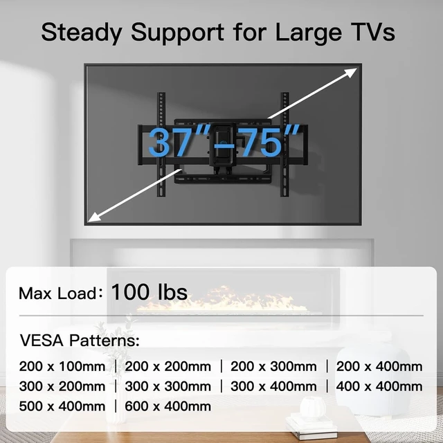 Alt view image 3 of 7 - Full Motion TV Wall Mount for 37-75 inch Flat/Curved TVs up to 100lbs, Wall Mount TV Bracket Swivel and Tilt, TV Mount Fits 8/12/16" Wood Studs, Max VESA 600x400mm, PILF3