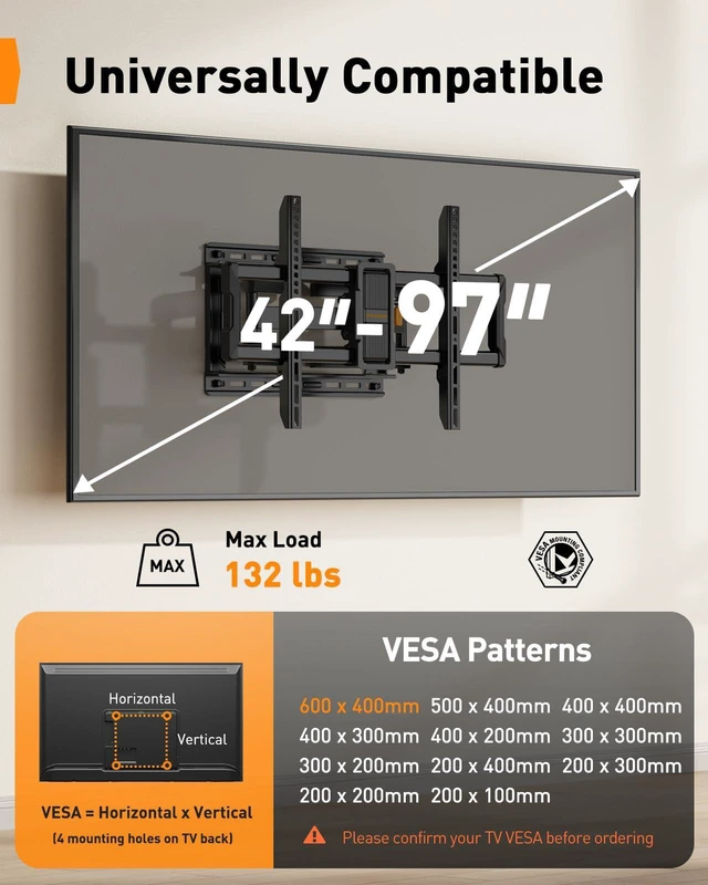 Alt view image 2 of 6 - UL-Listed Full Motion TV Wall Mount for 4297 Inch Flat Curved TVs up to 132 lbs, 12/16 Wood Studs, TV Mount Bracket with Tool-Free Tilt, Swivel, Extension, Max VESA 600 x 400mm, PGLF15