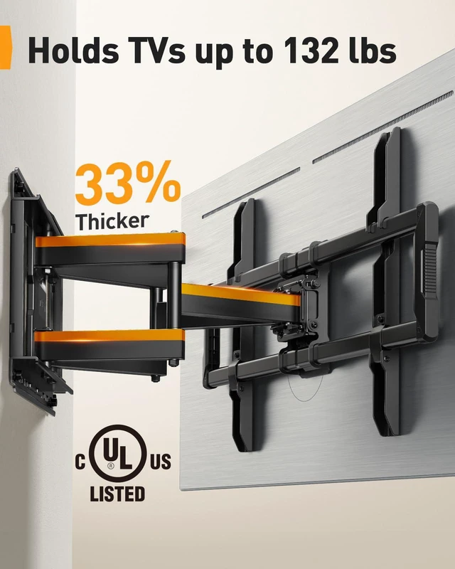 Alt view image 3 of 6 - UL-Listed Full Motion TV Wall Mount for 4297 Inch Flat Curved TVs up to 132 lbs, 12/16 Wood Studs, TV Mount Bracket with Tool-Free Tilt, Swivel, Extension, Max VESA 600 x 400mm, PGLF15