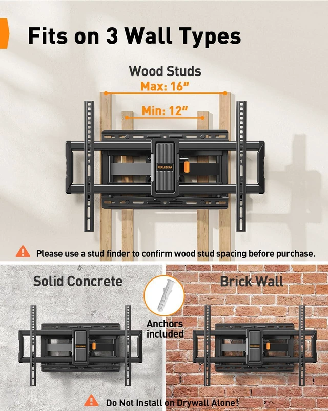 Alt view image 4 of 6 - UL-Listed Full Motion TV Wall Mount for 4297 Inch Flat Curved TVs up to 132 lbs, 12/16 Wood Studs, TV Mount Bracket with Tool-Free Tilt, Swivel, Extension, Max VESA 600 x 400mm, PGLF15