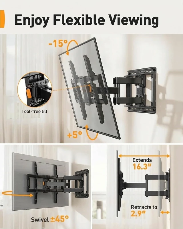 Alt view image 6 of 6 - UL-Listed Full Motion TV Wall Mount for 4297 Inch Flat Curved TVs up to 132 lbs, 12/16 Wood Studs, TV Mount Bracket with Tool-Free Tilt, Swivel, Extension, Max VESA 600 x 400mm, PGLF15