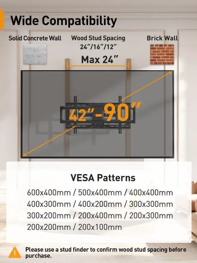 Alt view image 2 of 7 - Full Motion TV Wall Mount for 4290 inch TVs up to 150 lbs | UL Listed TV Mount with Pre-Assembled Design, Tool-Free Tilt, Swivel, Extension, VESA 600 x 400mm, 16/24 Wood Studs, PGLF16
