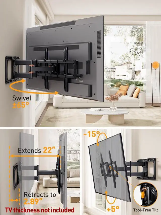 Alt view image 3 of 7 - Full Motion TV Wall Mount for 4290 inch TVs up to 150 lbs | UL Listed TV Mount with Pre-Assembled Design, Tool-Free Tilt, Swivel, Extension, VESA 600 x 400mm, 16/24 Wood Studs, PGLF16