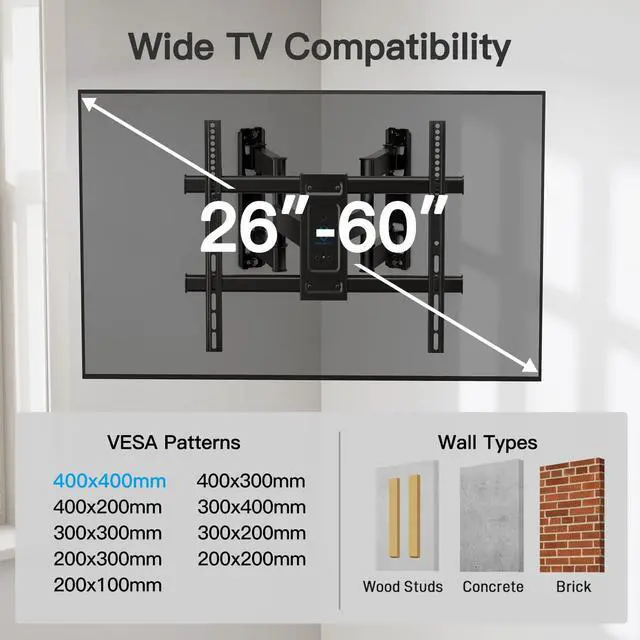Alt view image 2 of 7 - Corner TV Wall Mount for 2660 inch TVs up to 99 lbs | Max VESA 400x400mm, Full Motion Corner TV Mount with Dual Articulating Arms, Swivel, Tilt, Extension, Fits Different Corners