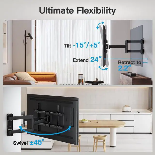Alt view image 4 of 7 - Corner TV Wall Mount for 2660 inch TVs up to 99 lbs | Max VESA 400x400mm, Full Motion Corner TV Mount with Dual Articulating Arms, Swivel, Tilt, Extension, Fits Different Corners