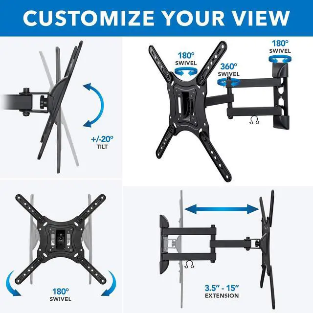 Alt view image 4 of 7 - Full Motion Articulating TV Wall Mount for 2355 Inch LED LCD OLED Flat Screen TVs | Tilt & Swivel Arm Extends 15.6 | VESA 75x75 to 400x400 | 66 lb Capacity | Single Stud Installation