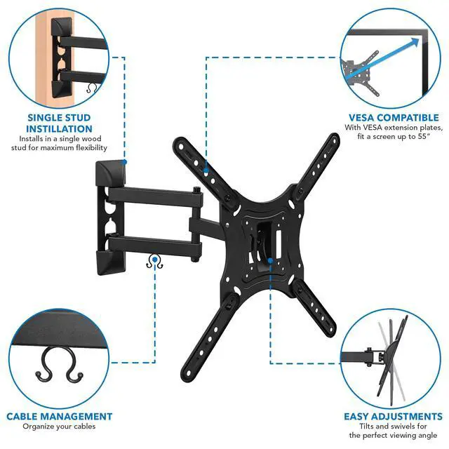 Alt view image 2 of 7 - Full Motion Articulating TV Wall Mount for 2355 Inch LED LCD OLED Flat Screen TVs | Tilt & Swivel Arm Extends 15.6 | VESA 75x75 to 400x400 | 66 lb Capacity | Single Stud Installation