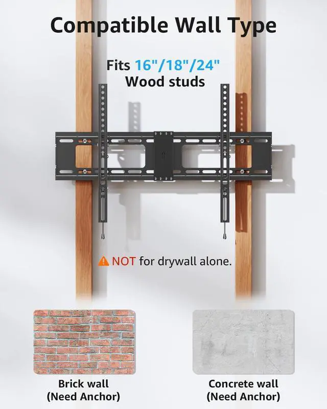 Alt view image 5 of 7 - TV Wall Mount Tilting TV Mount Bracket for Most 37-82 Inch Flat Screen/Curved Low Profile Wall Mount Saving Space Max VESA 600x400mm Hold up to 132 lbs Fit 16" 18" 24" Stud