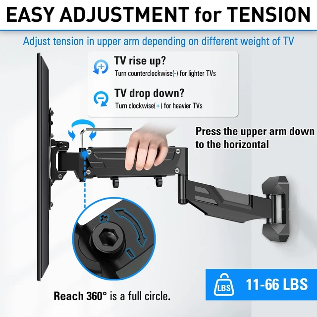 Alt view image 2 of 7 - Height Adjustable TV Wall Mount for 26-55 Inch TVs, Spring Arm Full Motion Articulating TV Bracket Mount with Smooth Swivel Tilt & Safe Corner Installation, 400x400mm VESA, 11-66 lbs
