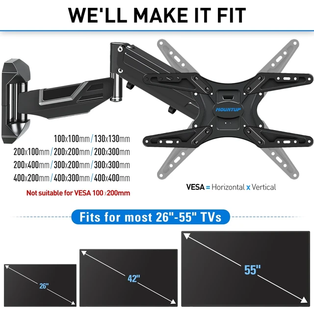 Alt view image 4 of 7 - Height Adjustable TV Wall Mount for 26-55 Inch TVs, Spring Arm Full Motion Articulating TV Bracket Mount with Smooth Swivel Tilt & Safe Corner Installation, 400x400mm VESA, 11-66 lbs