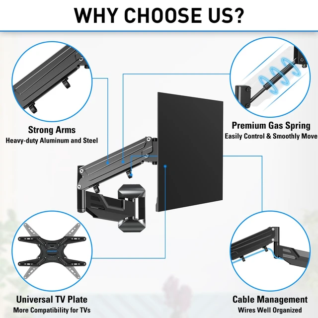 Alt view image 6 of 7 - Height Adjustable TV Wall Mount for 26-55 Inch TVs, Spring Arm Full Motion Articulating TV Bracket Mount with Smooth Swivel Tilt & Safe Corner Installation, 400x400mm VESA, 11-66 lbs