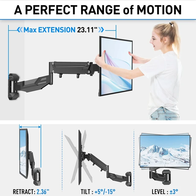 Alt view image 7 of 7 - Height Adjustable TV Wall Mount for 26-55 Inch TVs, Spring Arm Full Motion Articulating TV Bracket Mount with Smooth Swivel Tilt & Safe Corner Installation, 400x400mm VESA, 11-66 lbs