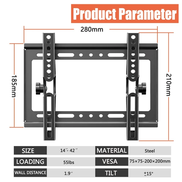 Alt view image 2 of 7 - Tilt TV Mount for Most 14-42 Inches Flat Curved Screen TVs and Monitor, Fit 22 24 27 32 39 40" Universal Slim Profile Wall Mount Bracket Loading 55lbs, Max VESA 250x210mm, Small TV Wall Mount