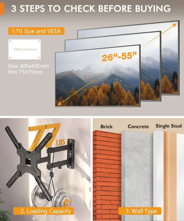 Alt view image 6 of 6 - Full Motion Corner TV Wall Mount for 26-55 Inch TVs
