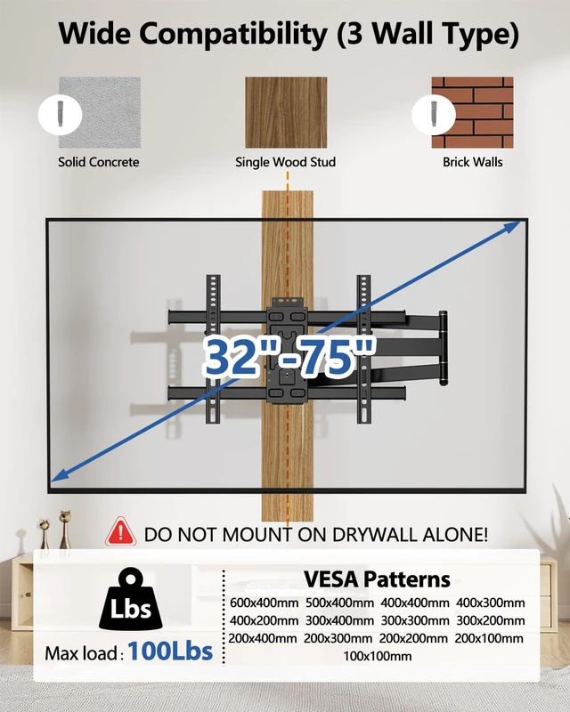 Alt view image 3 of 7 - Corner TV Wall Mount Long Arm TV Mount for 32-75 inch TVs Single Stud Full Motion Articulating TV Bracket with 33 Extension, Swivel Tilt, Max VESA 600x400mm, Holds up to 100 lbs