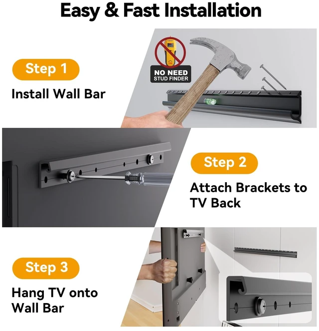 Alt view image 6 of 7 - Studless TV Wall Mount for 32-75 inch TVs, Low Profile, No Drill No Stud Drywall TV Mount Holds up to 150 lbs, Easy to Install for Bedroom Living Room, Includes Level & Mounting Hardware