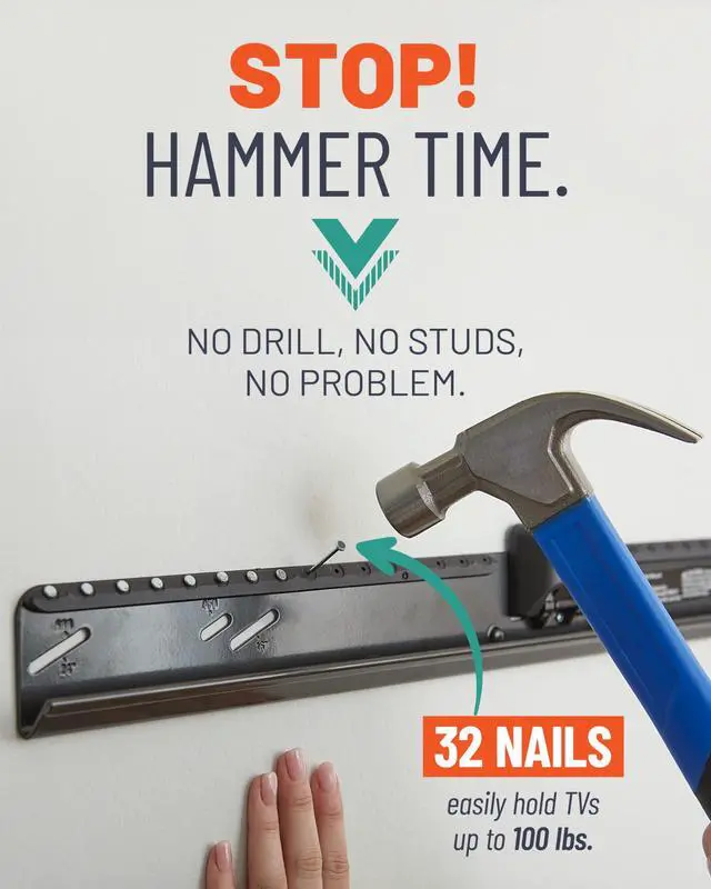 Alt view image 4 of 7 - No Stud TV Mount for Drywall - Slim No Drill Design Holds TVs Up to 100lbs with Nails - Easy Studless Install with No Drill Needed