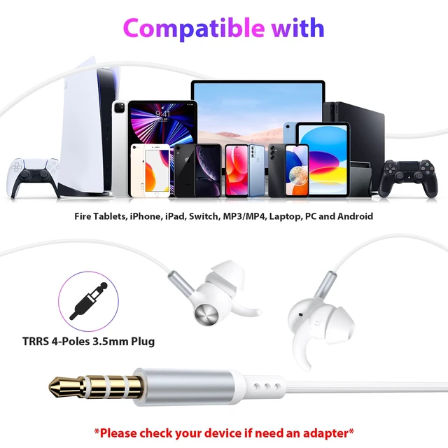 Alt view image 3 of 7 - 3.5mm Wired Earbuds Sport in-Ear Headphones Mute Mic Stereo Bass Aux Earphones with Anti Fall/Hurt Wingtips, Noise Isolating for iPhone/Samsung/Android/Laptop/PC/School/Running/MP3