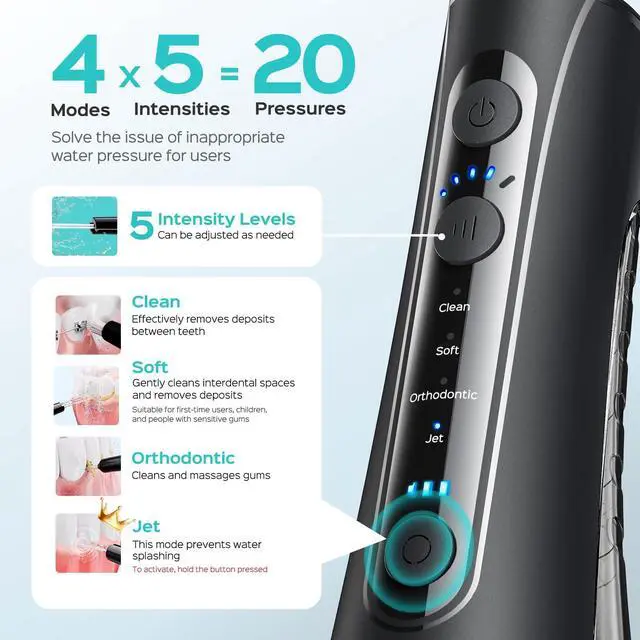 Alt view image 4 of 7 - ADA Accepted C50 Portable Water Flosser for Teeth: 4 Modes & 5 Intensity Levels Professional Electric Dental Pick for Sensitive Gums, Braces & Orthodontic - Cordless for Travel Use, BPA-Free