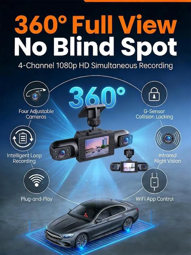 Alt view image 2 of 7 - Wireless Dash Cam Front and Rear No Wires, 4K 4-Channel Full View Car Dashcam System, 360 Degree Driving Recorder with Night Vision, Parking Monitor, G-Sensor, Motion Detection