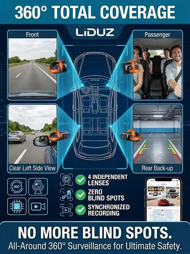 Alt view image 3 of 7 - Wireless Dash Cam Front and Rear No Wires, 4K 4-Channel Full View Car Dashcam System, 360 Degree Driving Recorder with Night Vision, Parking Monitor, G-Sensor, Motion Detection