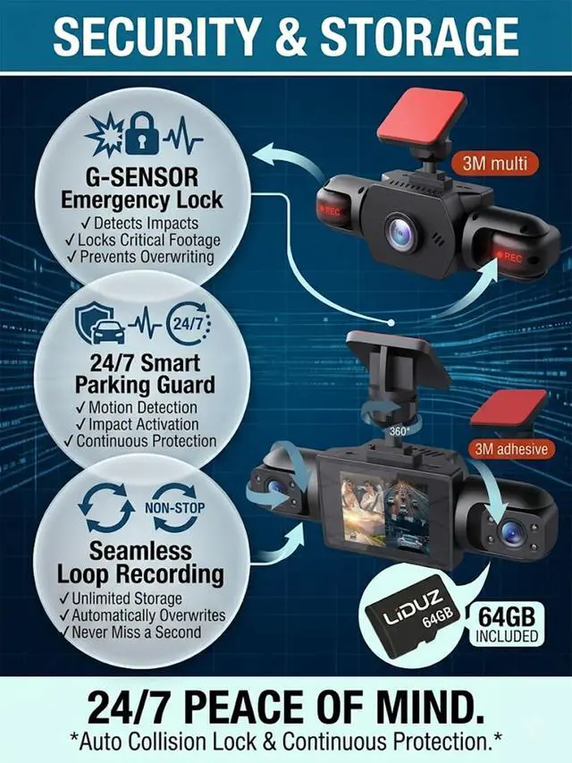 Alt view image 4 of 7 - Wireless Dash Cam Front and Rear No Wires, 4K 4-Channel Full View Car Dashcam System, 360 Degree Driving Recorder with Night Vision, Parking Monitor, G-Sensor, Motion Detection