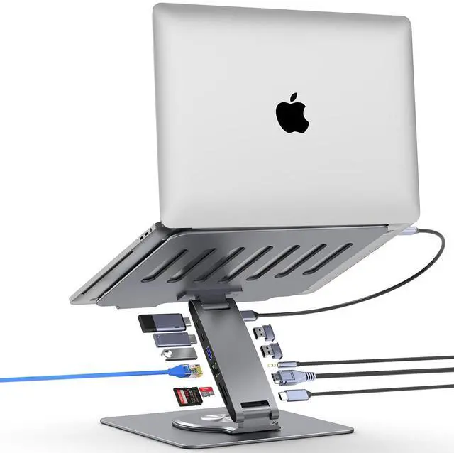 Main image of Adjustable Laptop Stand for Desk with Docking Station 11-in-1, Aluminum Laptop Riser with USB Hub 360°Swivel Dual Display 4K60Hz HDMI Gigabit Ethernet USB3.0 PD100W for MacBook Pro Air/Dell/HP 7-15.6"