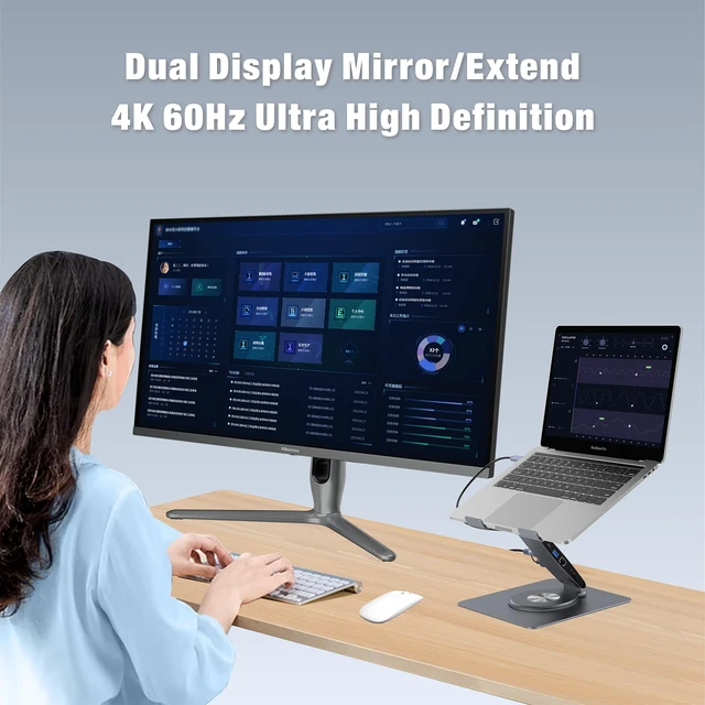 Alt view image 5 of 7 - Adjustable Laptop Stand for Desk with Docking Station 11-in-1, Aluminum Laptop Riser with USB Hub 360°Swivel Dual Display 4K60Hz HDMI Gigabit Ethernet USB3.0 PD100W for MacBook Pro Air/Dell/HP 7-15.6"