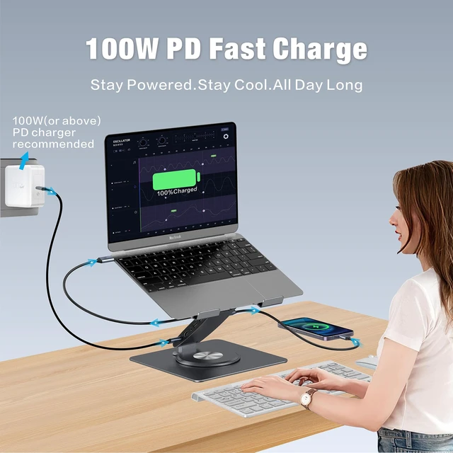 Alt view image 6 of 7 - Adjustable Laptop Stand for Desk with Docking Station 11-in-1, Aluminum Laptop Riser with USB Hub 360°Swivel Dual Display 4K60Hz HDMI Gigabit Ethernet USB3.0 PD100W for MacBook Pro Air/Dell/HP 7-15.6"
