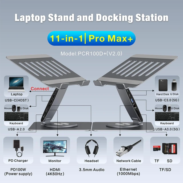 Alt view image 4 of 7 - Adjustable Laptop Stand for Desk with Docking Station 11-in-1, Aluminum Laptop Riser with USB Hub 360°Swivel Dual Display 4K60Hz HDMI Gigabit Ethernet USB3.0 PD100W for MacBook Pro Air/Dell/HP 7-15.6"