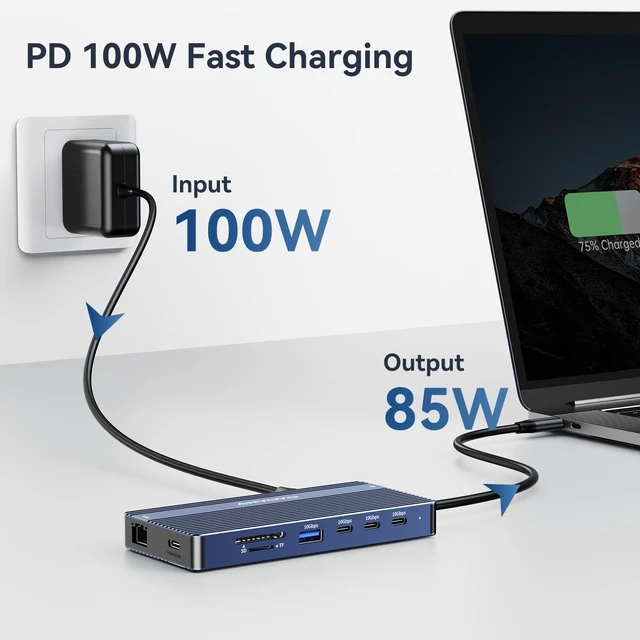 Alt view image 7 of 7 - USB C Docking Station, 14 in 1 USB Hub for 3 Monitors, Dual 4K@60Hz HDMI & USB-C Video, 4xUSB-C(10Gbps),3X USB-A, Ethernet, SD/TF& 3.5mm Audio Multiport Adapter for Lenovo/Dell/HP (Gray)