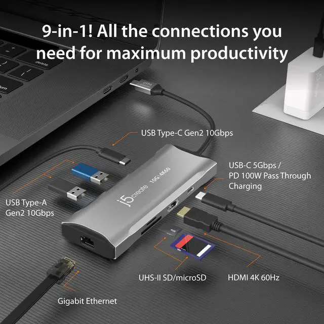 Alt view image 2 of 7 - Laptop Docking Station, 9-in-1, 4K60Hz HDMI, USB-C 10Gbps | 2 USB-A 10Gbps, 100W PD with USB-C 5Gbps, Ethernet, SD 4.0 Card Reader, for MacBook, XPS, Surface Pro (JCD393)