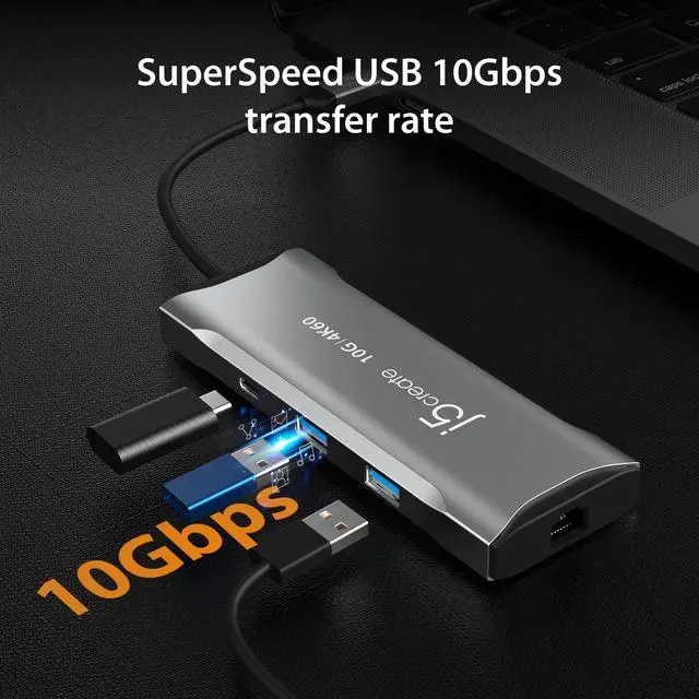 Alt view image 5 of 7 - Laptop Docking Station, 9-in-1, 4K60Hz HDMI, USB-C 10Gbps | 2 USB-A 10Gbps, 100W PD with USB-C 5Gbps, Ethernet, SD 4.0 Card Reader, for MacBook, XPS, Surface Pro (JCD393)