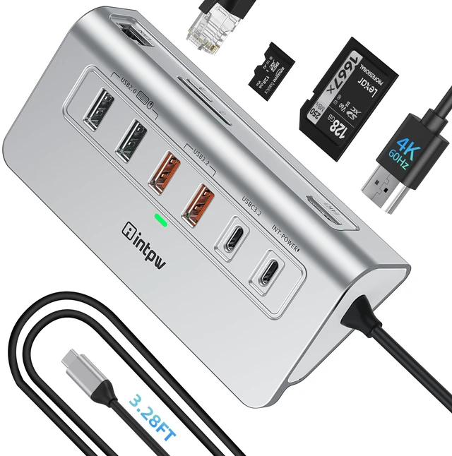 Main image of P9R PRO USB C Hub Ethernet, 10Gbps USB C Docking Station 10-in-1 with Type-C & 2 Type-A 3.2 Data, LAN, 4K@60Hz, 2 USB A 2.0, PD 100W, SD/TF Ports, 3.28FT Powered USB Hub for PC, iPhone 17, Mac