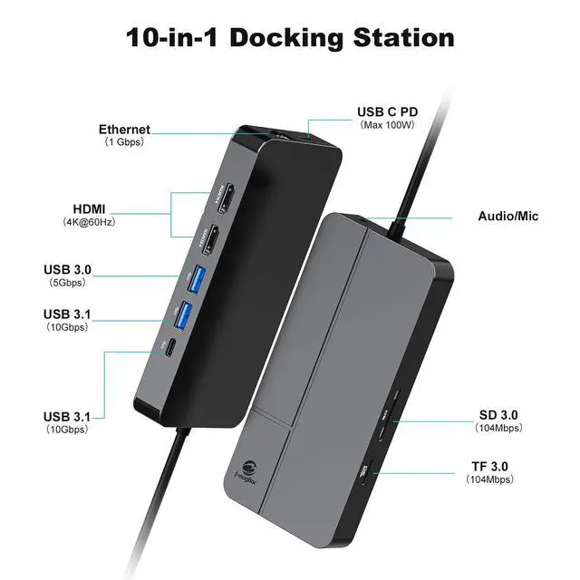 Alt view image 2 of 7 - MacBook Docking Station Dual Monitor, Laptop Docking Stations for MacBook pro/Air HP Dell Lenovo Computer, 10 in 1 USB C Dock with Dual Hdmi 4K@60Hz Splitter Extended Display, USB 3.2 Hub