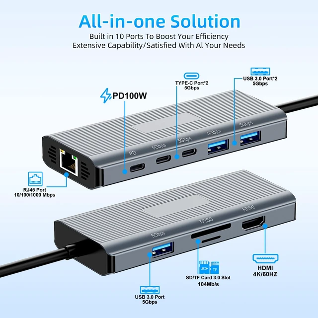 Alt view image 2 of 7 - 10-in-1 Docking Station, 4K HDMI Ethernet Hub for Surface Devices | Multi-Port Hub with SD/TF, USB 3.0, PD Charging, Compatible with Surface Pro, Laptop Go, Book