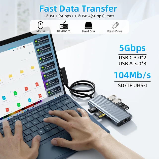 Alt view image 3 of 7 - 10-in-1 Docking Station, 4K HDMI Ethernet Hub for Surface Devices | Multi-Port Hub with SD/TF, USB 3.0, PD Charging, Compatible with Surface Pro, Laptop Go, Book
