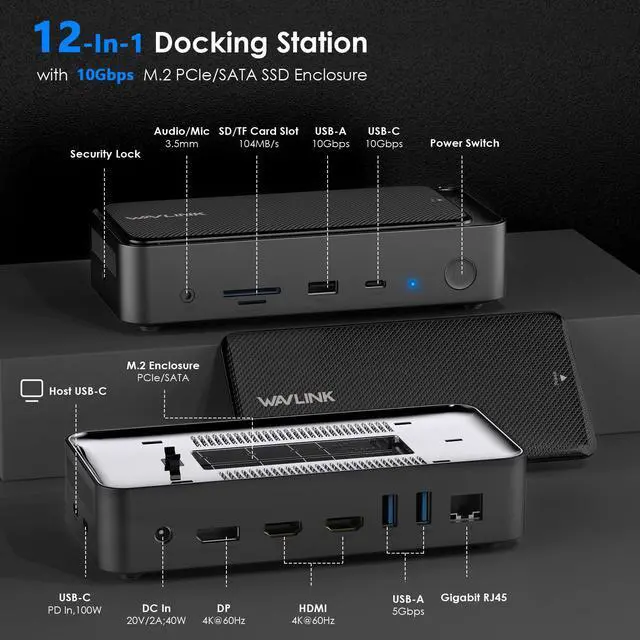 Alt view image 2 of 7 - Laptop Docking Station 3 Monitors, 12-1 USB Hub with 10Gbps M.2 PCIe/SATA SSD Enclosure, Expands MacBook/Mac mini (M4/M3/M2/M1), 4K@60Hz HDMI/DP, 100W PD, with 20V2A Independent Power Adapter