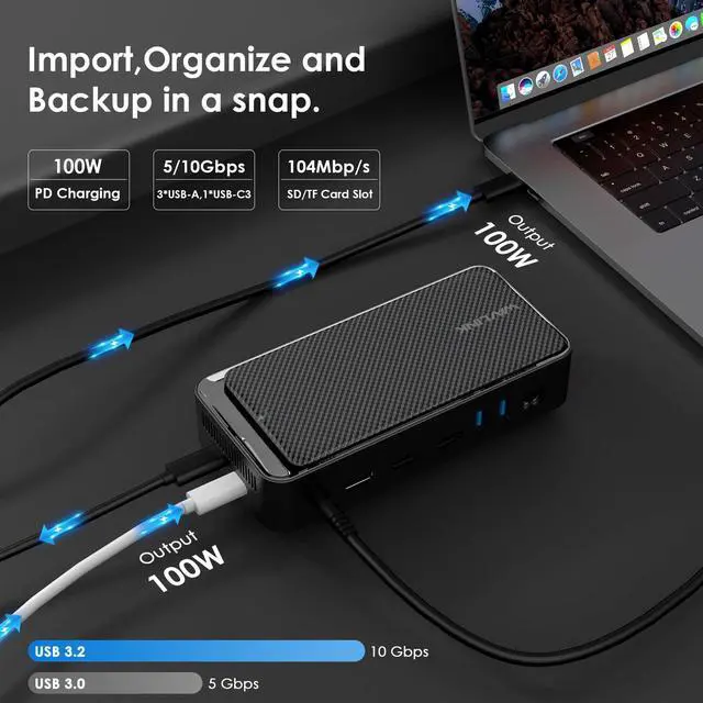 Alt view image 6 of 7 - Laptop Docking Station 3 Monitors, 12-1 USB Hub with 10Gbps M.2 PCIe/SATA SSD Enclosure, Expands MacBook/Mac mini (M4/M3/M2/M1), 4K@60Hz HDMI/DP, 100W PD, with 20V2A Independent Power Adapter