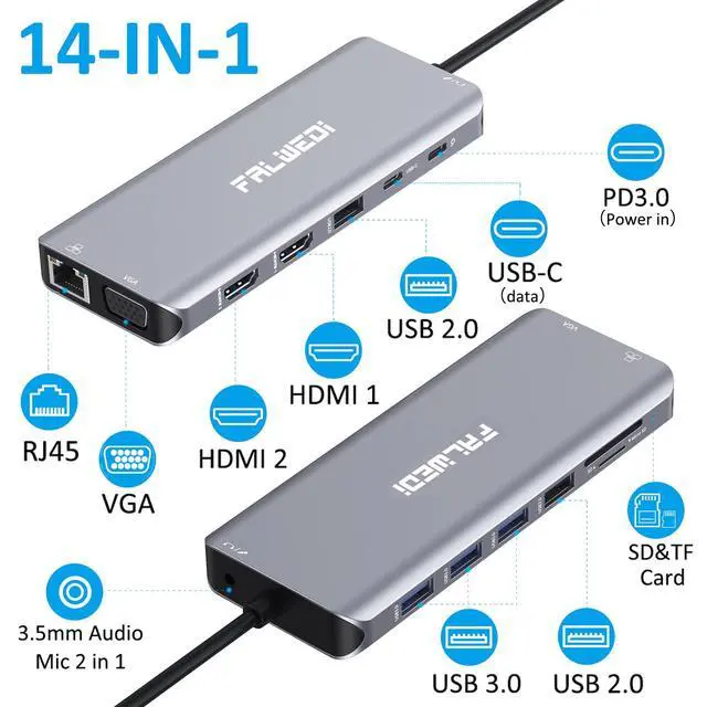 Alt view image 2 of 7 - USB C Laptop Docking Station, 14 in 1 Type C Hub Multiport Adapter Dongle with 3 Monitors, Dual HDMI, VGA, PD, Ethernet, SD/TF, USB C/A Ports, Mic/Audio, Compatible for Dell/Surface/HP/Lenovo Laptops