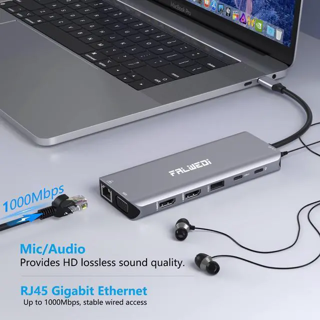Alt view image 7 of 7 - USB C Laptop Docking Station, 14 in 1 Type C Hub Multiport Adapter Dongle with 3 Monitors, Dual HDMI, VGA, PD, Ethernet, SD/TF, USB C/A Ports, Mic/Audio, Compatible for Dell/Surface/HP/Lenovo Laptops
